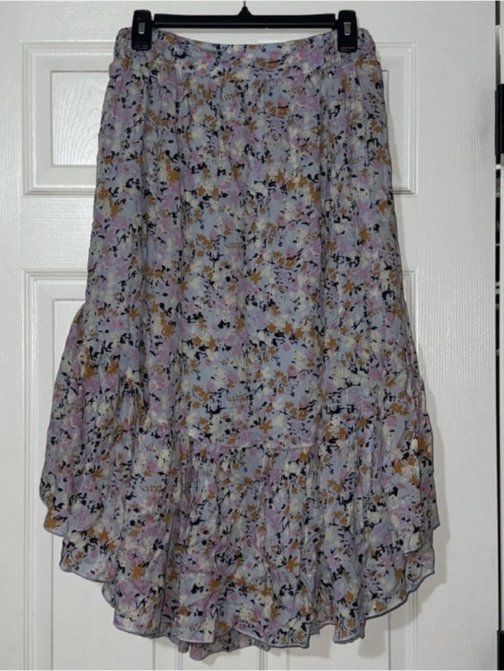✌🏼 Free People Boho Lavender Floral Ruffle Maxi Skirt Large Elastic Wasit 10 12